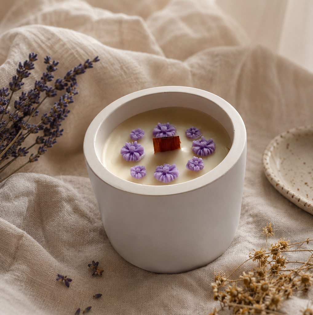 Vela de cera de soja aroma lavanda y manzanilla